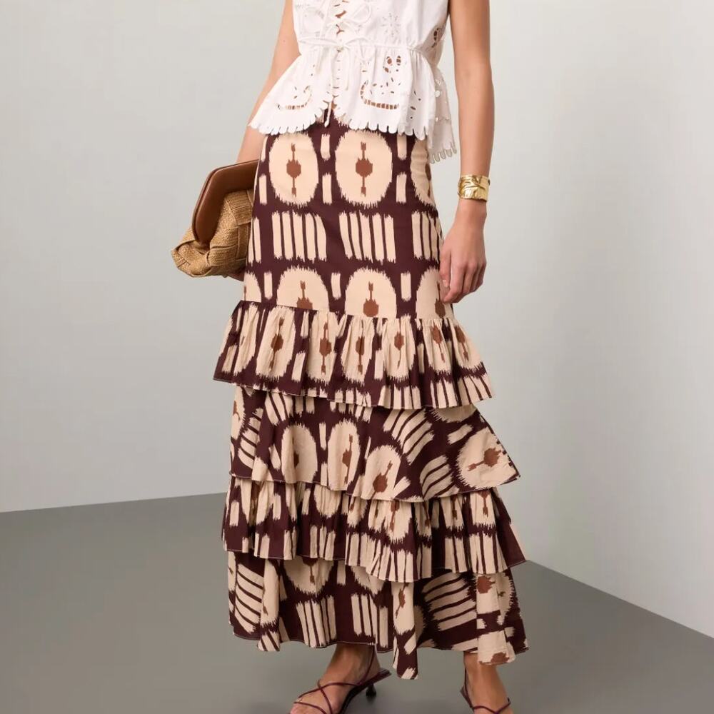 Ro's Garden Honduras Maxi Skirt MEDIUM Chocolate Brown Tiered Ruffle Batik $200